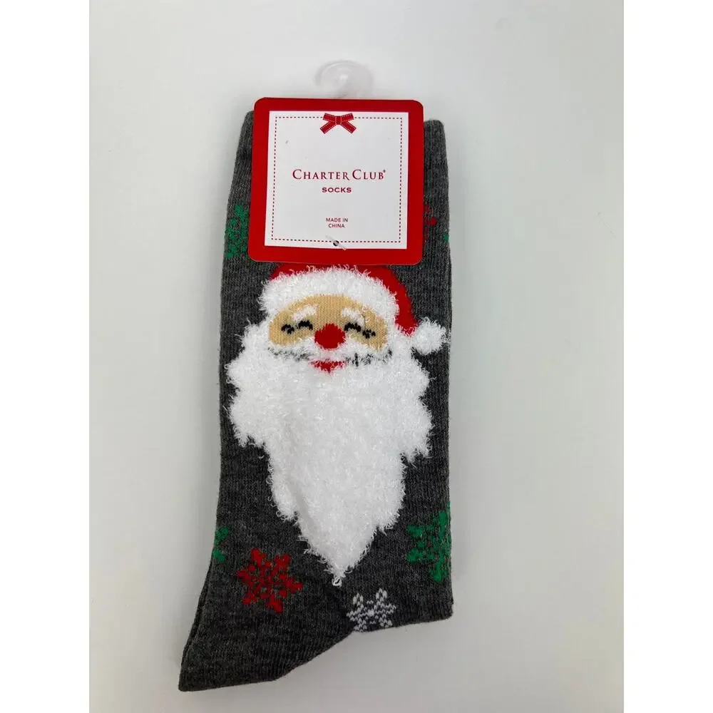 Charter Club Women's Holiday Crew Socks - Santa and Snowflakes on Grey Socks